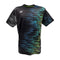 The Yonex YTM7 Men's Tennis T-Shirt - Shadow is a black, moisture-wicking shirt perfect for tennis, featuring a dynamic pattern of green and blue lines and dots. It has short sleeves, a round neck, and the Yonex logo near the right shoulder.