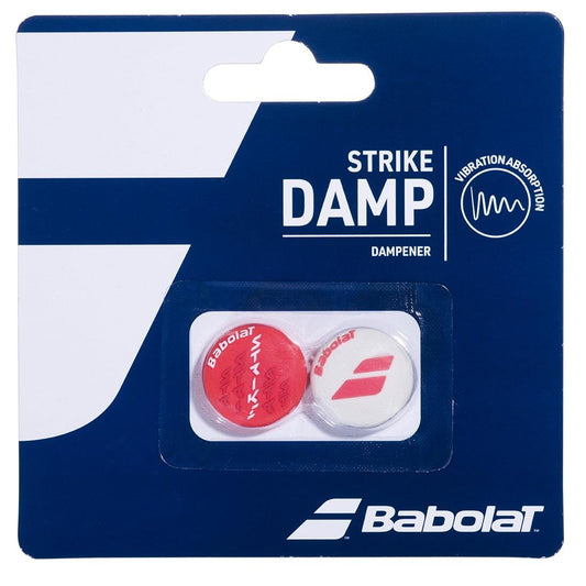 The Babolat Strike Damp X2 Tennis Dampener - Red / White features a packaging design with two round dampeners in vibrant red and white, beautifully displayed on a blue and white cardboard backing. Tailored for the Pure Strike series, it emphasizes "Vibration Absorption" to enhance your performance on the court.