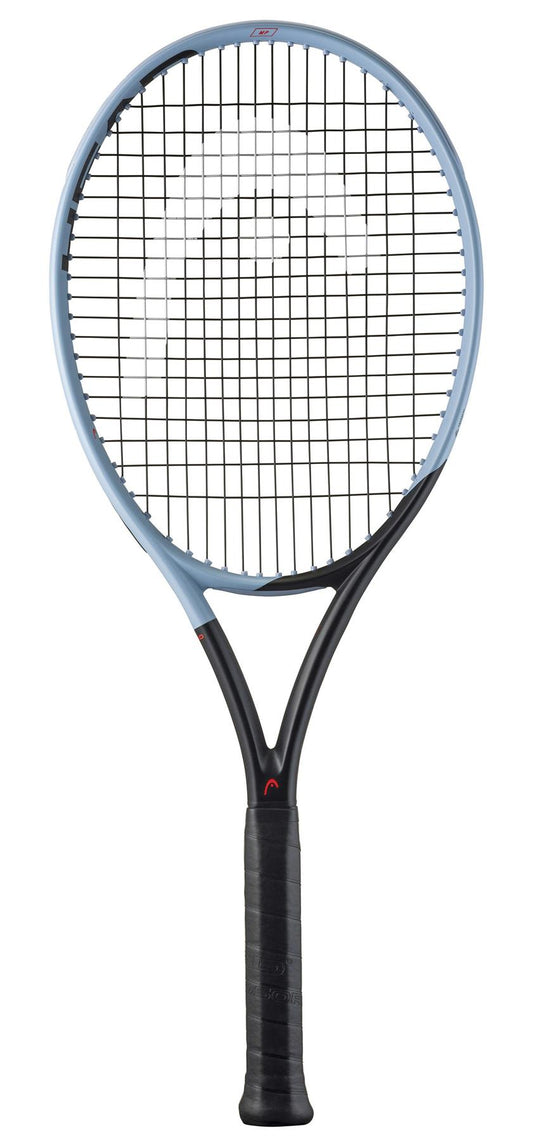 The HEAD Instinct MP 2025 Tennis Racket, in blue and black, utilizes Auxetic technology for improved performance. Its tight strings and textured dark grip offer an easy hold, making it ideal for both beginners and experienced players.