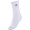 The Tecnifibre Classic Men's Tennis Socks (3 Pack) offer exceptional comfort for your game. These white socks boast a ribbed texture and are adorned with a small blue and red logo near the top, making them perfect for those who value style in their racket sports wardrobe.