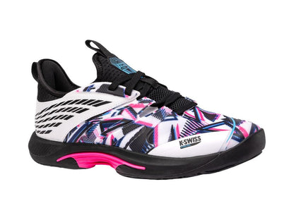 Discover the lively K-Swiss Speedtrac Indoor Court Shoes, designed with lightweight midfoot support for indoor play. This sneaker boasts an energetic color scheme of white, black, and neon pink accents, complete with a contrasting black sole and vivid neon pink highlights. The "K-Swiss" brand name is prominently displayed on the side.