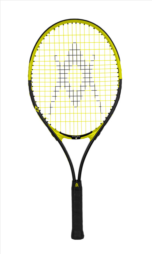 The Volkl Revolution 25 Junior Tennis Racket - Black / Yellow - G00, by the brand Volkl, showcases a striking black and yellow frame with a distinctive string pattern. Its handle is wrapped with black grip tape, making it an ideal choice for young tennis enthusiasts. The racket is pictured against a white background.