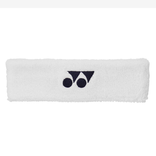 The Yonex AC259 Headband - White is a terry cloth sweat-absorbing accessory, showcasing the black Yonex logo with a stylized "Y" and two overlapping circles. Its rectangular shape makes it ideal for athletic activities, and its anti-bacterial properties ensure freshness during intense workouts.