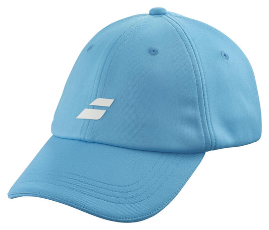 The Babolat Pure Logo Cap in Cyan Blue is a lightweight baseball cap made from recycled polyester. It has a curved brim, stitched panels, and features a small white logo with two parallel lines on the front.