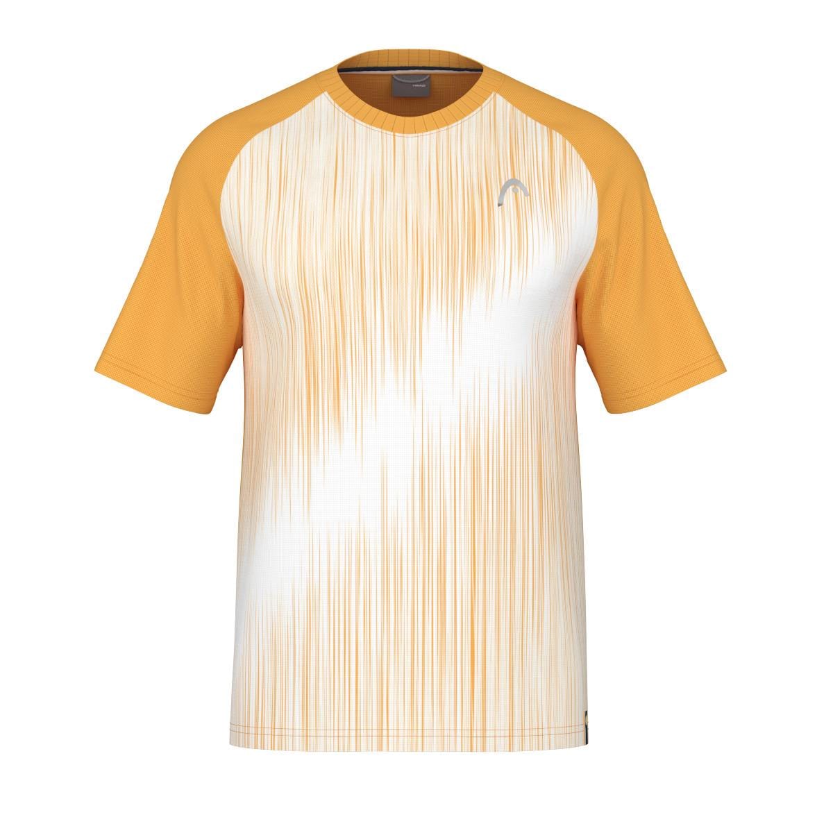 The HEAD Performance Men's Tennis T-Shirt - XPBN features a short-sleeve design with a striking yellow gradient and a small chest logo. The solid yellow sleeves and collar complement the body, which is adorned with vertical streaks blending white and yellow. It incorporates Moisture Transfer Microfibre technology to ensure optimal comfort.