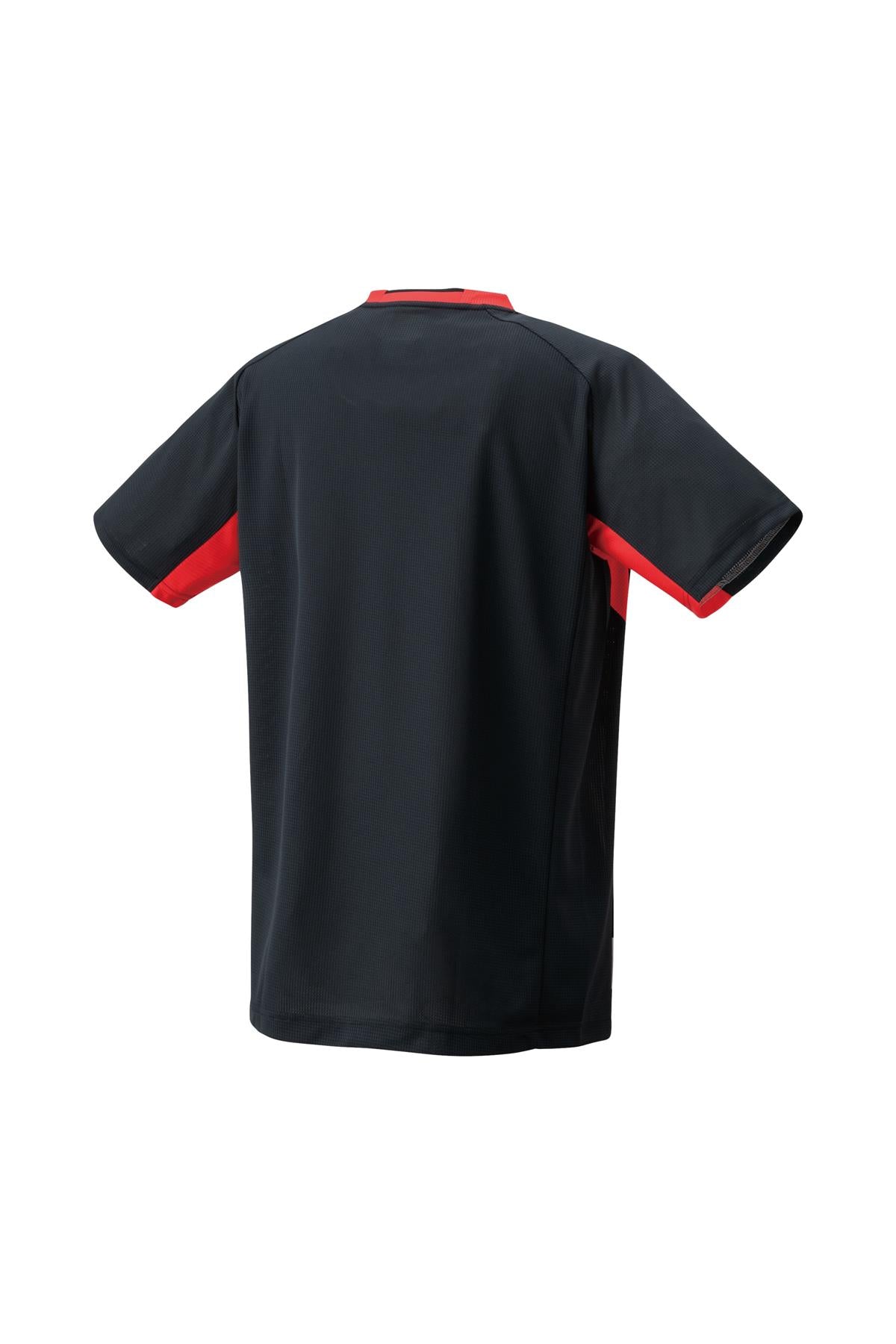 The Yonex 10576 Crew Neck Men's Tennis T-Shirt in black is a short-sleeved sports top with eye-catching red accents along the sides and inside of the sleeves. The back design is simple and logo-free, while its VeryCool Dry technology offers maximum comfort.