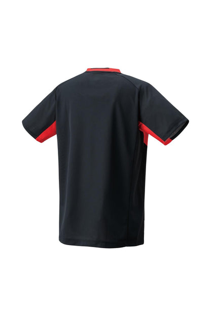 The Yonex 10576 Crew Neck Men's Tennis T-Shirt in black is a short-sleeved sports top with eye-catching red accents along the sides and inside of the sleeves. The back design is simple and logo-free, while its VeryCool Dry technology offers maximum comfort.