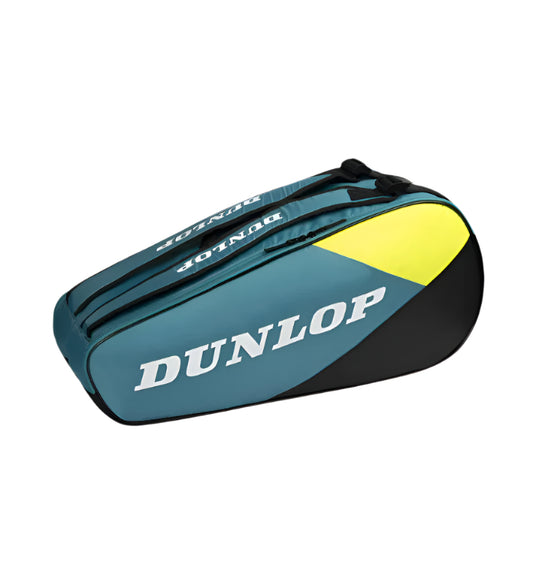 Introducing the Dunlop SX Club 6 Racket Tennis Bag in teal, black, and yellow, featuring a sleek design with ample storage and convenient zippers for carrying your gear stylishly.