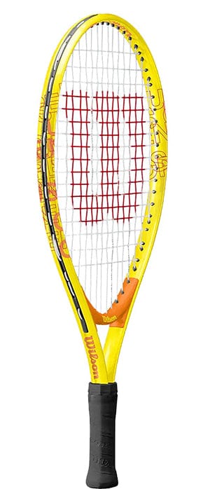 This Wilson US Open 19 Junior Tennis Racket features a yellow and black AirLite frame, ideal for young players. It is adorned with the iconic red "W" logo on the strings and includes a sleek black grip handle, along with dynamic graphics and branding details on its robust frame.