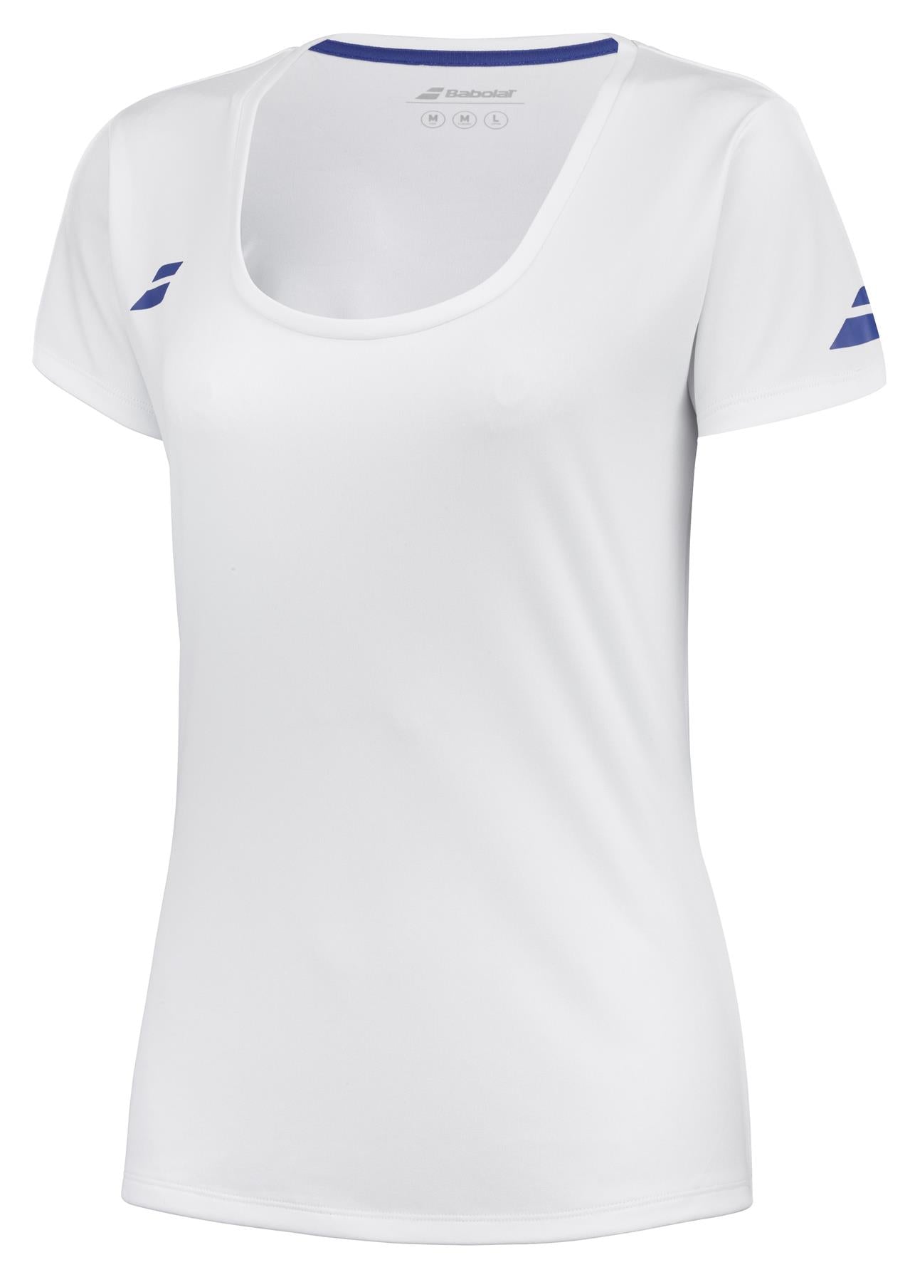 The Babolat Play Women's Tennis Cap Sleeve Top in white showcases a scoop neckline. Designed for athletic wear, this t-shirt features Fiber Dry technology to ensure maximum comfort. The blue Babolat Play logo beautifully accents the sleeves and back collar, lending a sporty and elegant touch to the design.