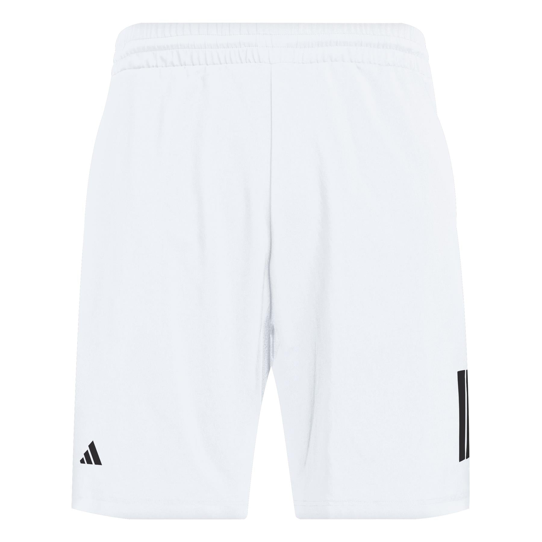 The ADIDAS Mens 3 Stripe Tennis Shorts in white feature a small black adidas logo on one side and vertical black stripes on the other. Made with recycled materials, they come with an elastic waistband and are shown from the back.