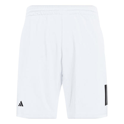 The ADIDAS Mens 3 Stripe Tennis Shorts in white feature a small black adidas logo on one side and vertical black stripes on the other. Made with recycled materials, they come with an elastic waistband and are shown from the back.