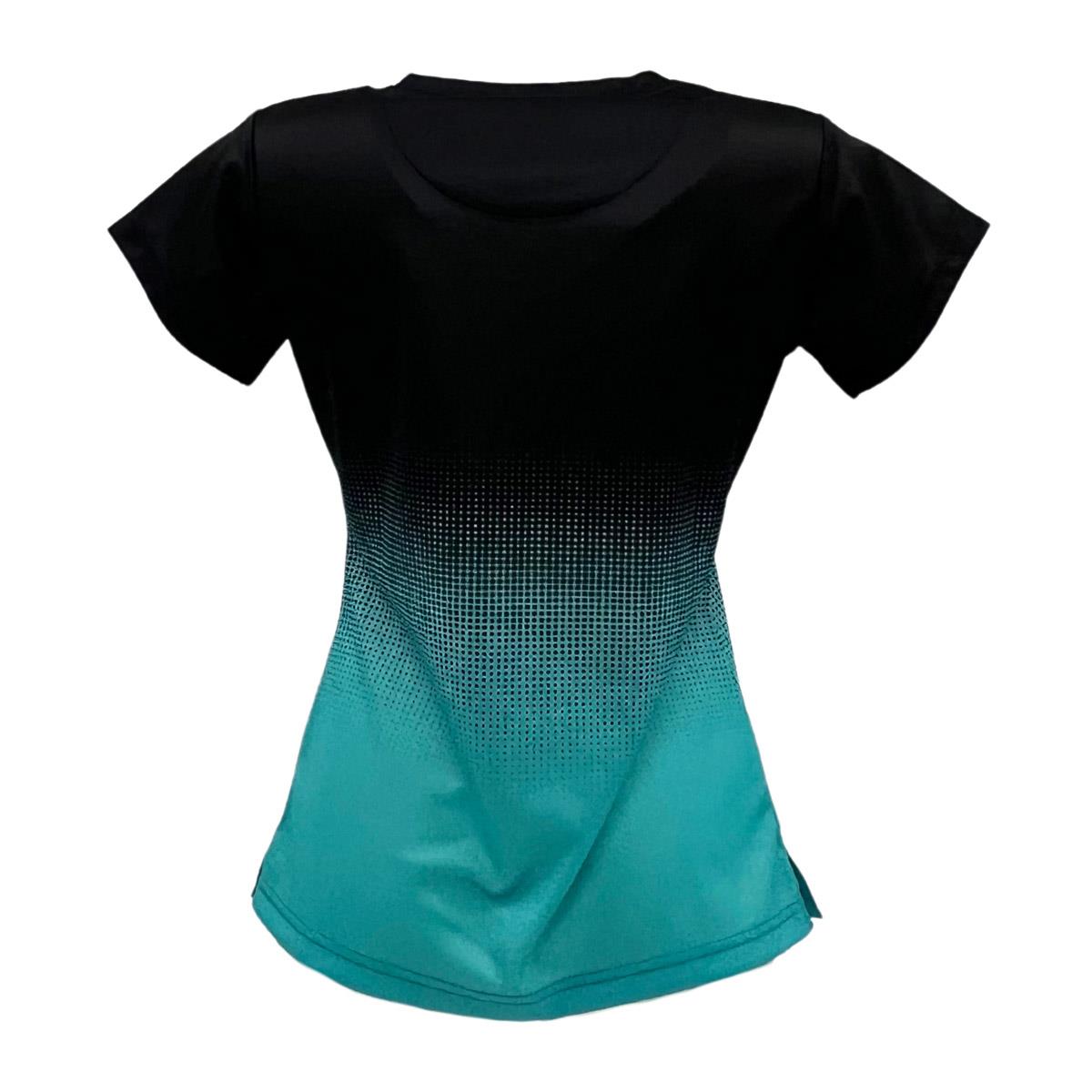 Introducing the Yonex YTL5 Women's Tennis T-Shirt in Turquoise/Black, featuring a performance-focused, moisture-wicking polyester with a stylish gradient from black to turquoise. This short-sleeve shirt offers a rounded neckline and a sleek look without visible logos or patterns.