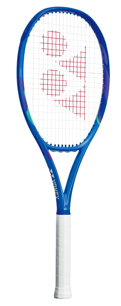 The Yonex EZONE 98 2025 Tennis Racket in Blast Blue boasts a white grip, red string pattern, and is marked by a large white "W" on the strings. It features Vibration Dampening Mesh for enhanced control and comfort in gameplay.