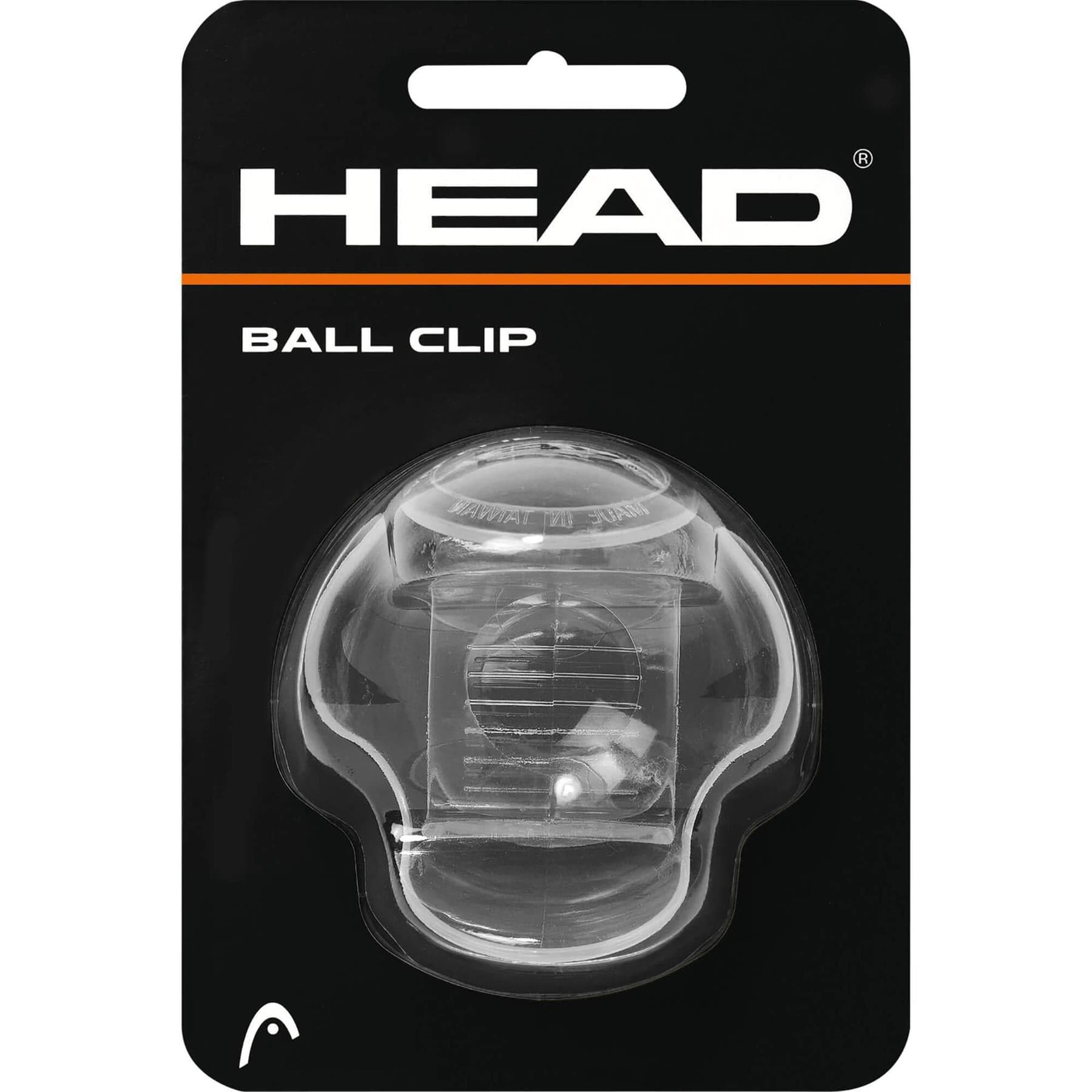 The packaging for the Head Tennis Ball Clip Holder - Clear showcases a transparent design that securely accommodates a single tennis ball. The package itself is black, adorned with a white and orange logo from HEAD, and is made of durable material to prominently display the product in the center.