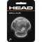 The packaging for the Head Tennis Ball Clip Holder - Clear showcases a transparent design that securely accommodates a single tennis ball. The package itself is black, adorned with a white and orange logo from HEAD, and is made of durable material to prominently display the product in the center.