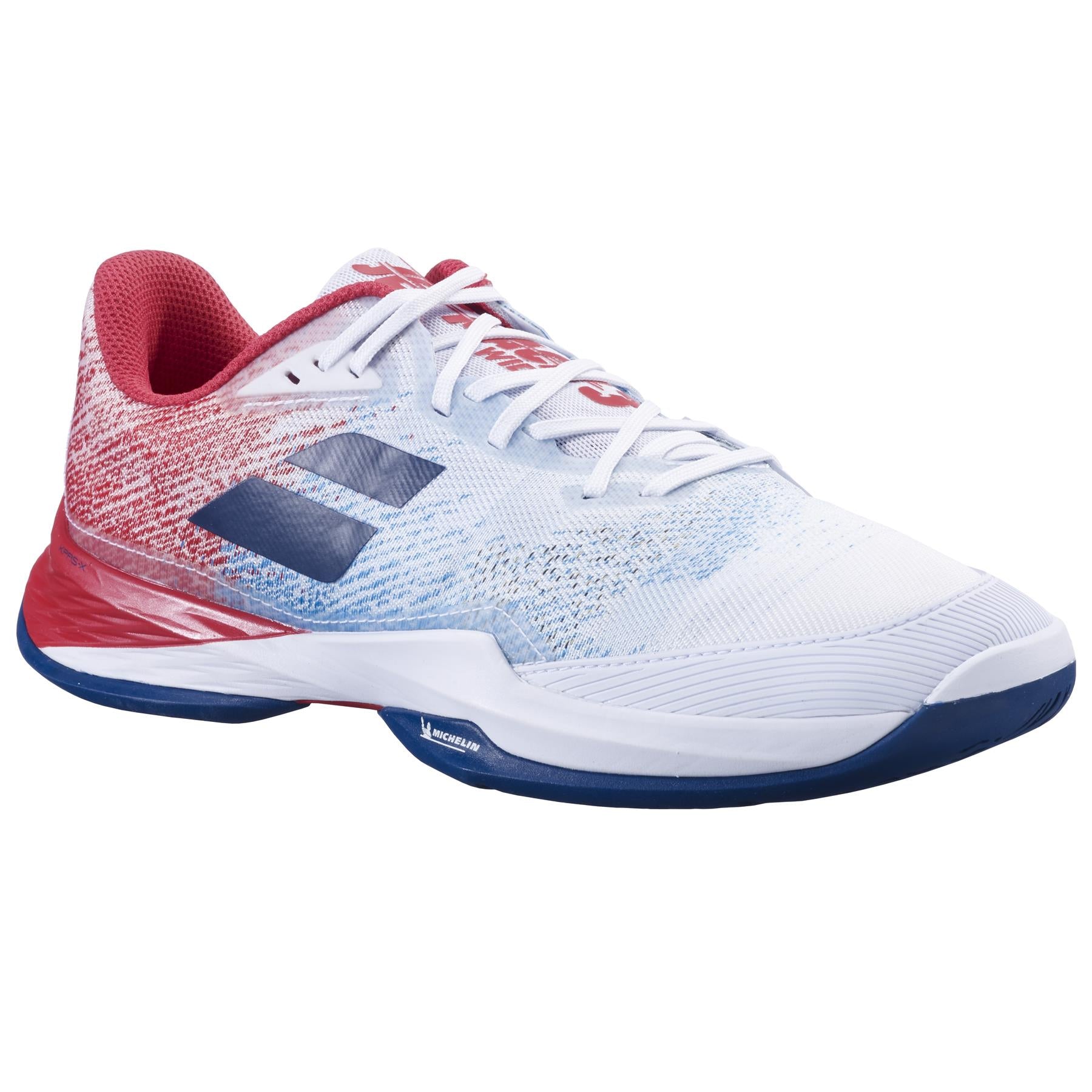 Introducing the Babolat Jet Mach 3 2024 All Court Men's Wide Tennis Shoes: a single athletic shoe in a bold red, white, and estate blue color scheme. It features a textured upper with advanced Matryx® technology and a prominent logo. This shoe has white laces, a reinforced toe, and is equipped with a performance-driven Michelin sole for exceptional traction.