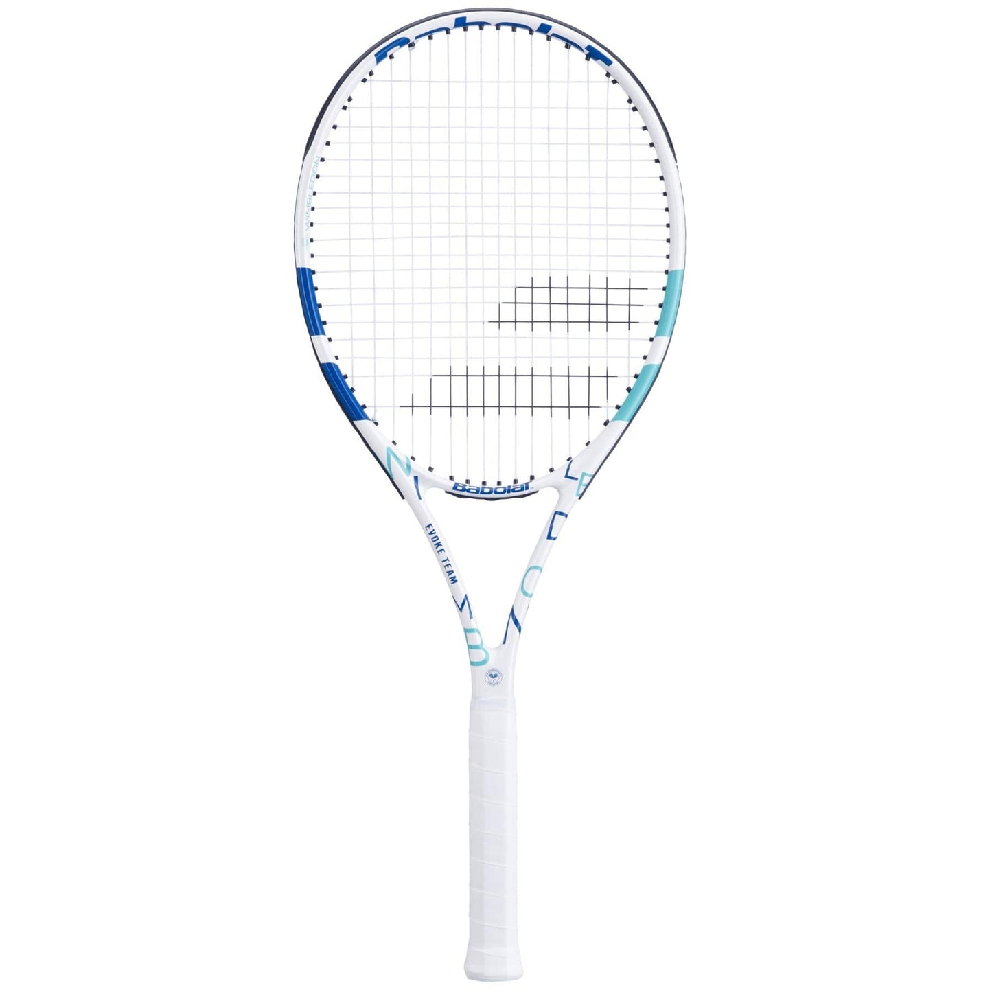 A Babolat Evoke Team Wimbledon tennis racket, featuring a white design with blue accents and a matching white grip, is displayed against a simple backdrop. Perfect for beginners, the strings are arranged in a crisscross pattern within the frame.