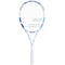 A Babolat Evoke Team Wimbledon tennis racket, featuring a white design with blue accents and a matching white grip, is displayed against a simple backdrop. Perfect for beginners, the strings are arranged in a crisscross pattern within the frame.