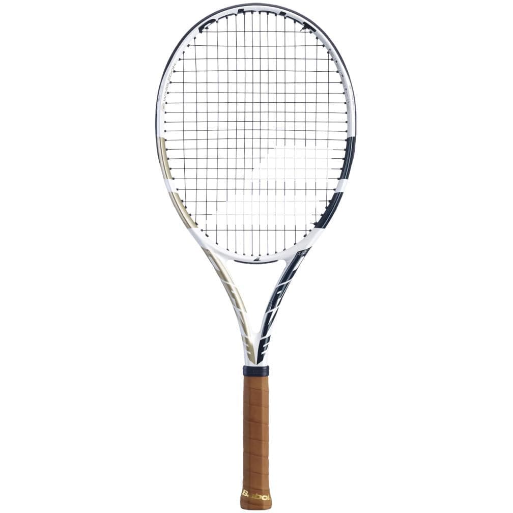 The Babolat Mini Pure Drive Team Wimbledon Racket, featuring a white frame with a brown grip, is elegantly positioned against a simple white backdrop, evoking memories of a treasured Wimbledon keepsake.