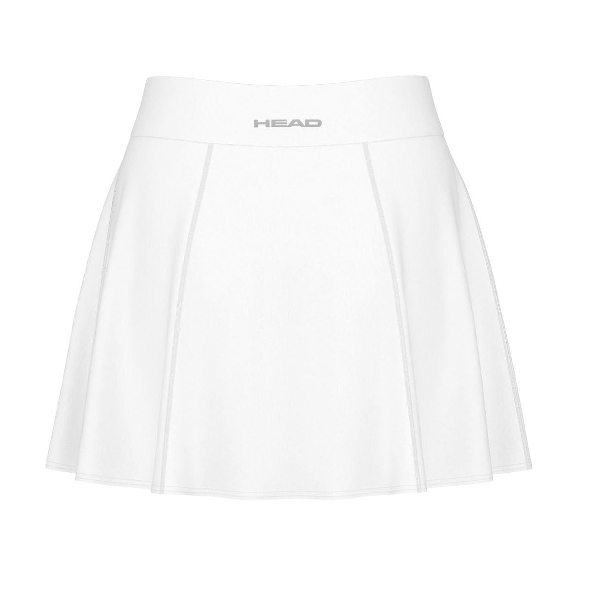 The HEAD Performance Women's Tennis Skort in white boasts a wide waistband and subtle pleats, with the "HEAD" logo printed centrally. Made from Moisture Transfer Microfibre, this skort features a sleek and elegant design ideal for athletic performance.