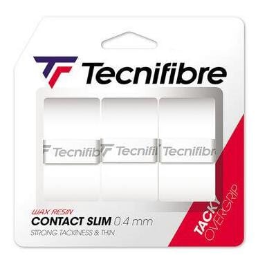 The image features the packaging of Tecnifibre's Contact Slim Tennis Overgrip in a 3-pack, available in white. Known for its tacky texture and outstanding grip, it highlights key attributes like "Wax Resin" and "Strong Tackiness & Thin" with a sleek thickness of only 0.4 mm.