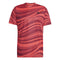 The ADIDAS Men's Club Graphic Tennis T-Shirt in red and black features a wavy, dotted design. Crafted from recycled materials, it uses AEROREADY technology to keep you dry. A small adidas logo on the right chest adds style.