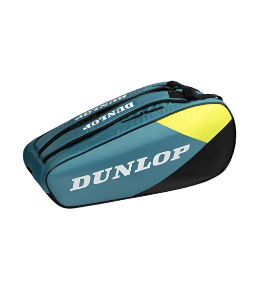 The Dunlop SX Club 10 Racket Tennis Bag in teal, black, and yellow features the brand's name in white. It's spacious with multiple zippered compartments and padded backpack straps for comfortable carrying.