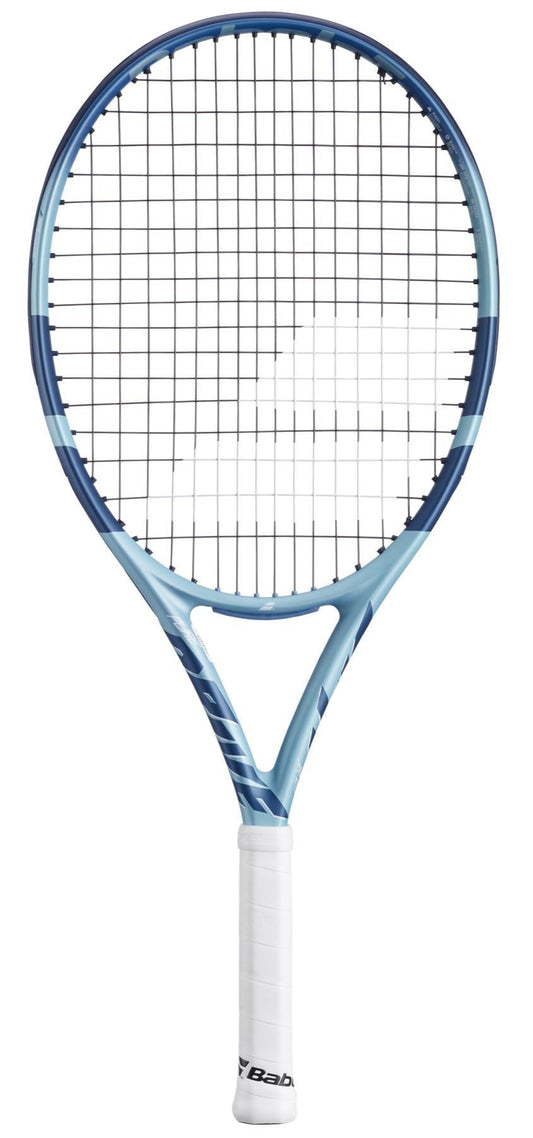 The Babolat Pure Drive Junior 25 Gen 11 Tennis Racket in light blue, featuring black strings, brand logos on the throat, and a white-grip handle, is displayed against a white backdrop. This sleek design is perfect for young competitors.