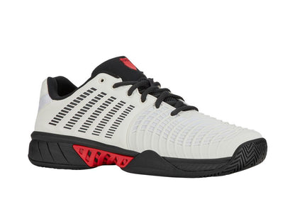 The K-Swiss Express Light 3 men's tennis shoes in bright white, stretch limo, and high risk red feature a textured sole and sleek perforated design with DuraWrap Flex, displayed against a plain white background.