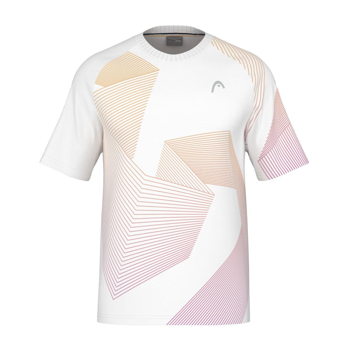 The HEAD Performance Men's Melbourne Tennis T-Shirt - BN showcases geometric lines in vibrant shades of orange and purple, forming a dynamic pattern across the front and sleeves. Equipped with Moisture Transfer Microfibre technology, it guarantees comfort, while a small logo adds a touch of style to the neckline.