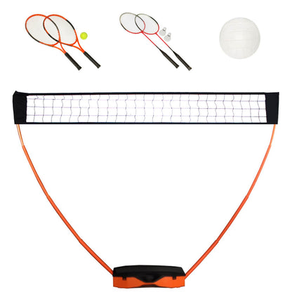 The Sure Shot Quick Fit 3 in 1 Garden Net Set by Sure Shot offers a versatile setup for badminton, tennis, and volleyball. It includes two orange badminton rackets, shuttlecocks, two red tennis rackets, a ball, and a white volleyball against a white background.