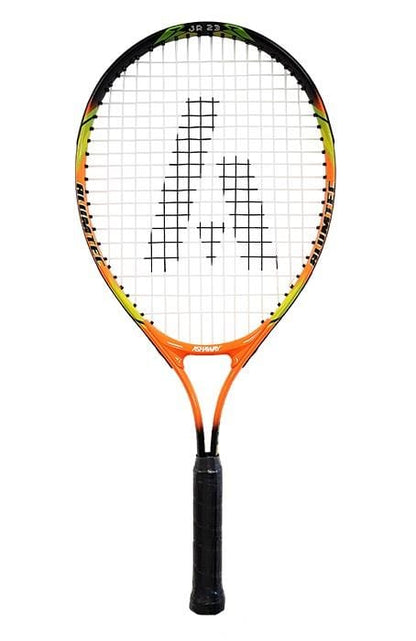 The Ashaway Alumtec 2300 Junior Tennis Racket is a lightweight aluminum racket featuring a vibrant frame in black, orange, and yellow with black strings. The handle is wrapped in black grip tape for secure play, making it an ideal choice for children's practice sessions. The Ashaway brand logo adorns the strings.