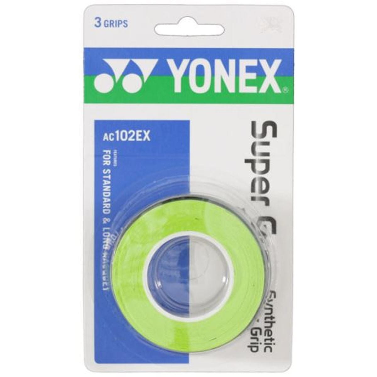 A package of Yonex AC102EX Super Grap Tennis Overgrip in green provides excellent sweat absorption. The set includes three grips that are ideal for standard and long racquets, all neatly packaged in a transparent plastic case.