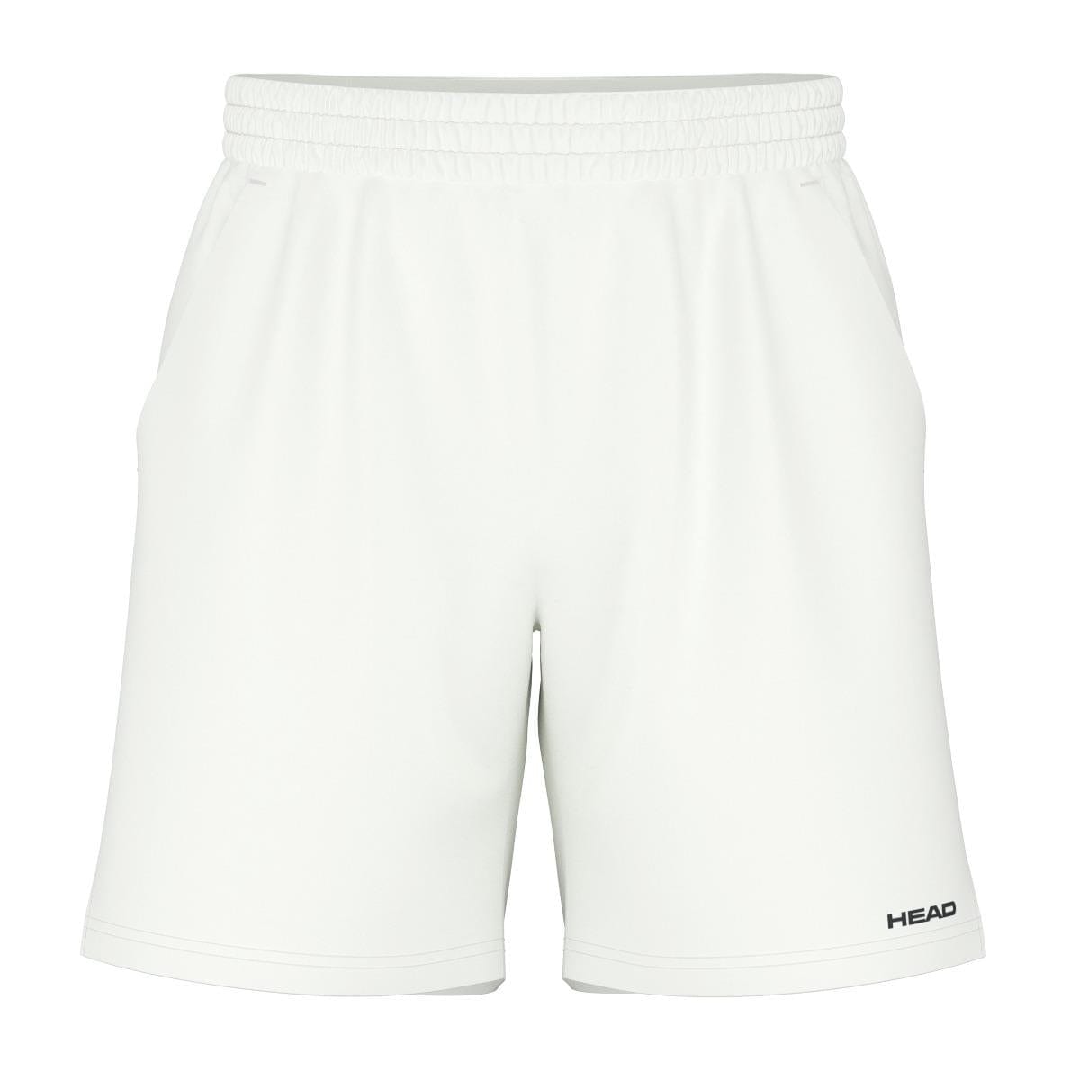 HEAD Vision Power Men's Tennis Shorts in white feature an elastic waistband and pockets. The sporty design displays "HEAD" in small black letters on the lower left leg, and incorporates moisture transfer technology for a smooth, lightweight feel perfect for sports and exercise.