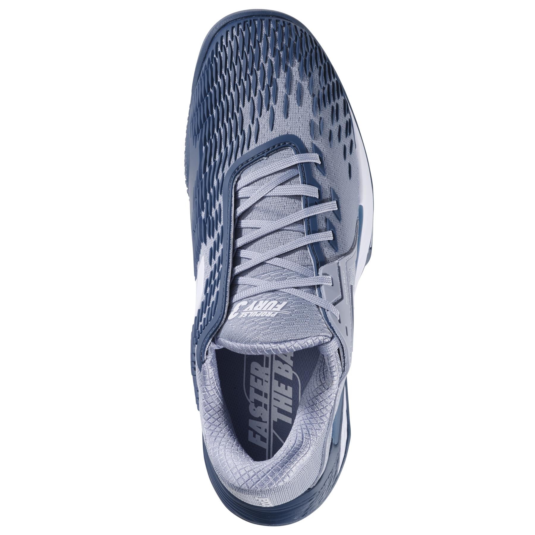 Top view of the grey and white Babolat Propulse Fury 3 2025 tennis shoes for sand & grass courts, featuring a gradient pattern and central lace-up. The insole boasts "FASTER THE BETTER," emphasizing renowned durability and performance edge.