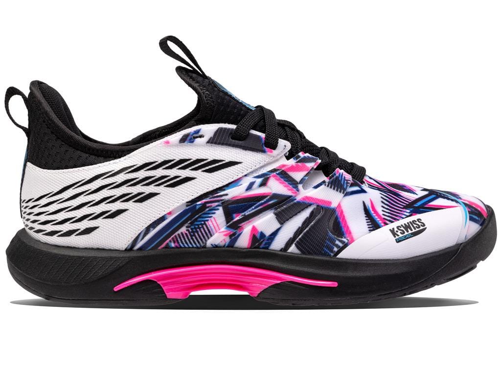 The K-Swiss Speedtrac Indoor Court Shoes in White, Black, and Neon Pink boast a lively design ideal for indoor court use. They are equipped with a black sole and white upper featuring black mesh details, supplemented by lightweight midfoot support for enhanced agility. The "K-Swiss" brand name is prominently displayed on the side.