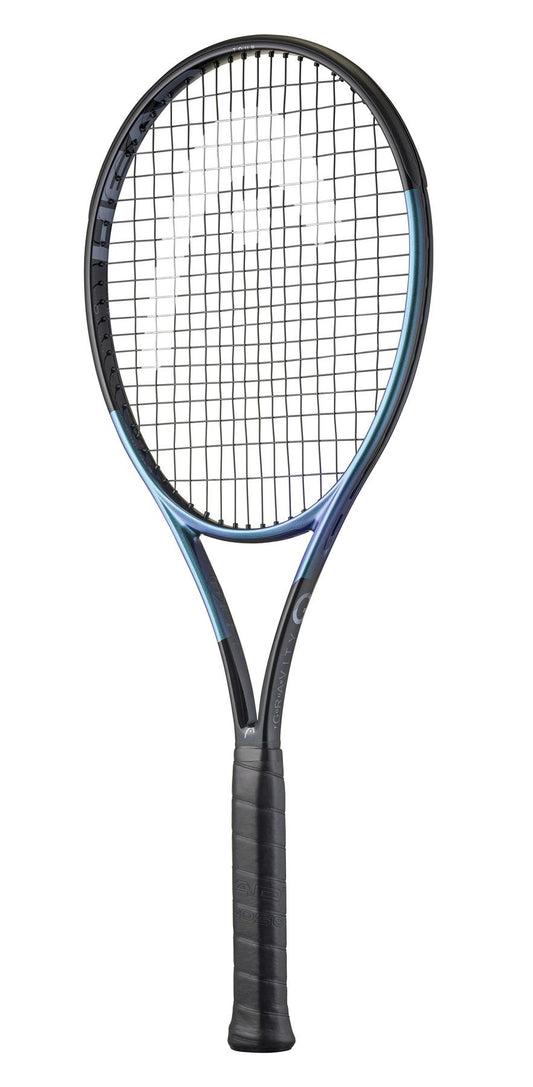 The HEAD Gravity Tour 2025 Tennis Racket, incorporating Auxetic 2.0 technology for an improved sweetspot, is showcased upright on a plain white backdrop. This elegant black racket features durable strings and a comfortable grip, ideal for tennis lovers.