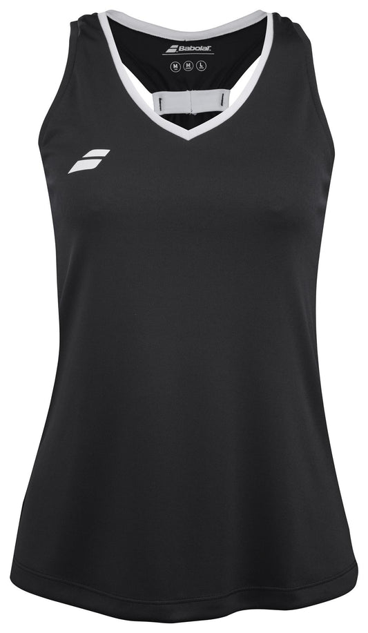 The Babolat Play Women's Tennis Tank Top in black features white trim around the V-neckline and a small white logo on the left chest. Its design incorporates Fiber Dry technology for optimal comfort during play.