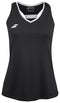 The Babolat Play Women's Tennis Tank Top in black features white trim around the V-neckline and a small white logo on the left chest. Its design incorporates Fiber Dry technology for optimal comfort during play.