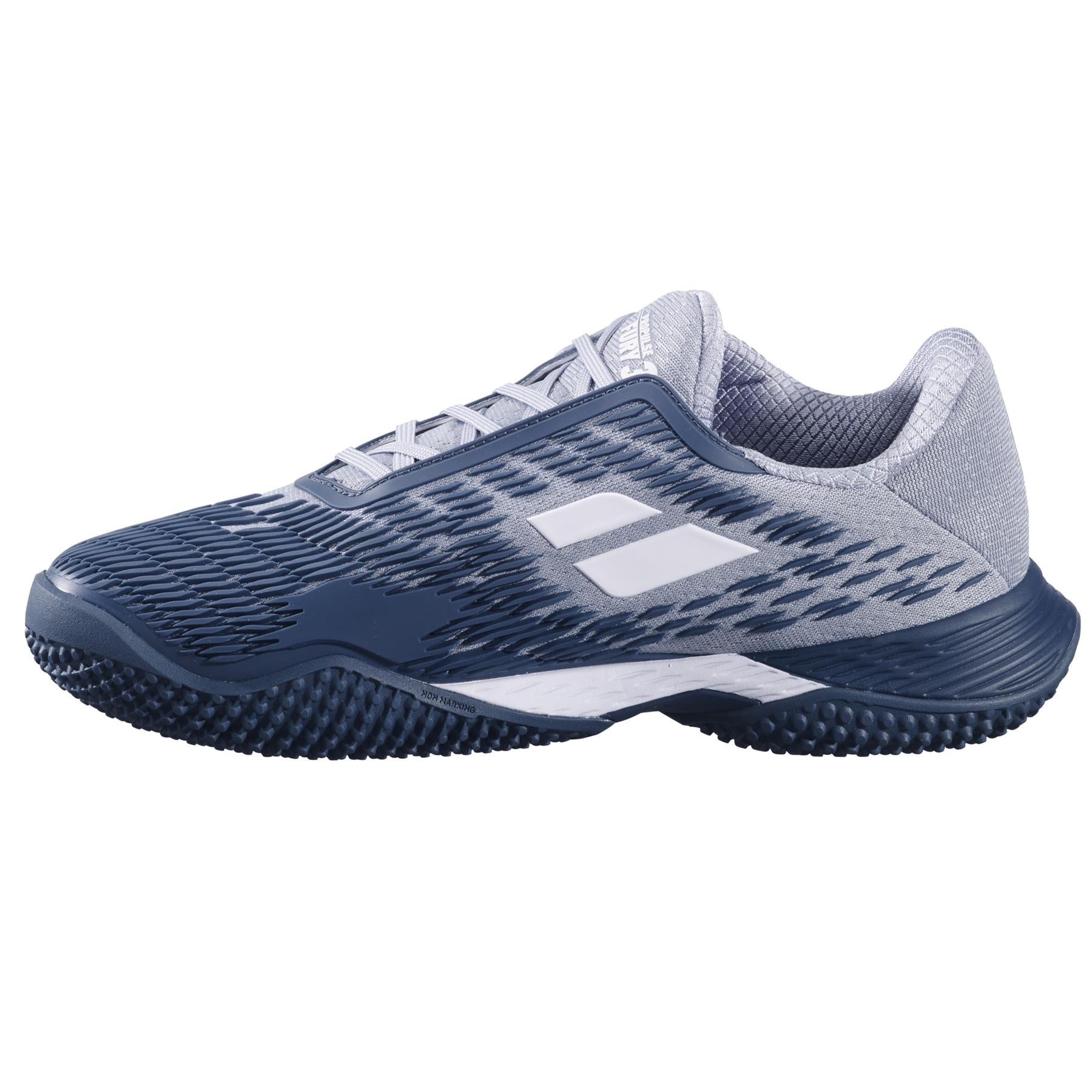 The Babolat Propulse Fury 3 Sand & Grass Court 2025 Men's Tennis Shoes in Grey/White feature a textured upper, patterned sole, and two horizontal side stripes. Made with Michelin Original rubber, these shoes offer a lightweight and breathable design.