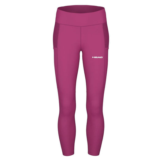 Vivid pink athletic leggings with a high waistband, showcasing the "HEAD" logo on the left thigh. Crafted from a stretchy blend of polyester and elastane, these sporty leggings feature side pockets and a form-fitting design, ideal as HEAD Vision Women's Tech Tennis Tights.