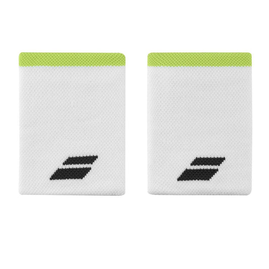 The Babolat Logo Jumbo Wristband - White / Aero features two white wristbands crafted from high-absorption terry material, accented with a lime green stripe at the top and a black logo near the bottom center. Its design includes Babolat's signature angled bars, providing both comfort and performance.