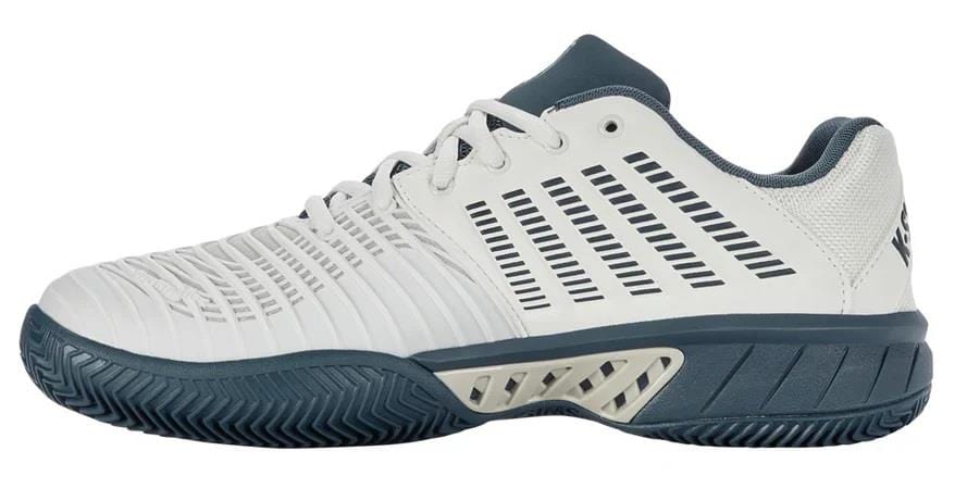 The K-Swiss Express Light 3 HB Men's Indoor Court Shoes in Star White, Moonstruck, and Indian Teal are designed with a perforated side pattern, DuraWrap flex for enhanced durability, Indian Teal laces, and a textured sole to provide superior grip.