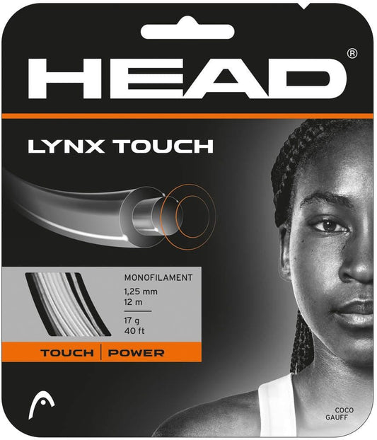 The HEAD Lynx Touch Tennis String Set - Twilight Blue features an elegant silver and orange packaging, perfect for performance players. The design prominently displays specifications of 1.25 mm and 12 m (40 ft), with emphasis on "Touch" and "Power." A half portrait of a person in a sports tank is located on the right side, underscoring the co-polyester monofilament strings.