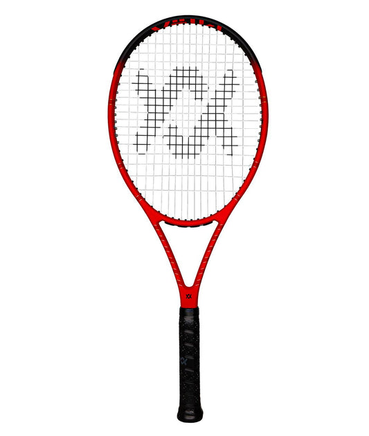 A sleek red Volkl Vostra V8 300g Tennis Racket, featuring a black handle and logo centered in the strings.