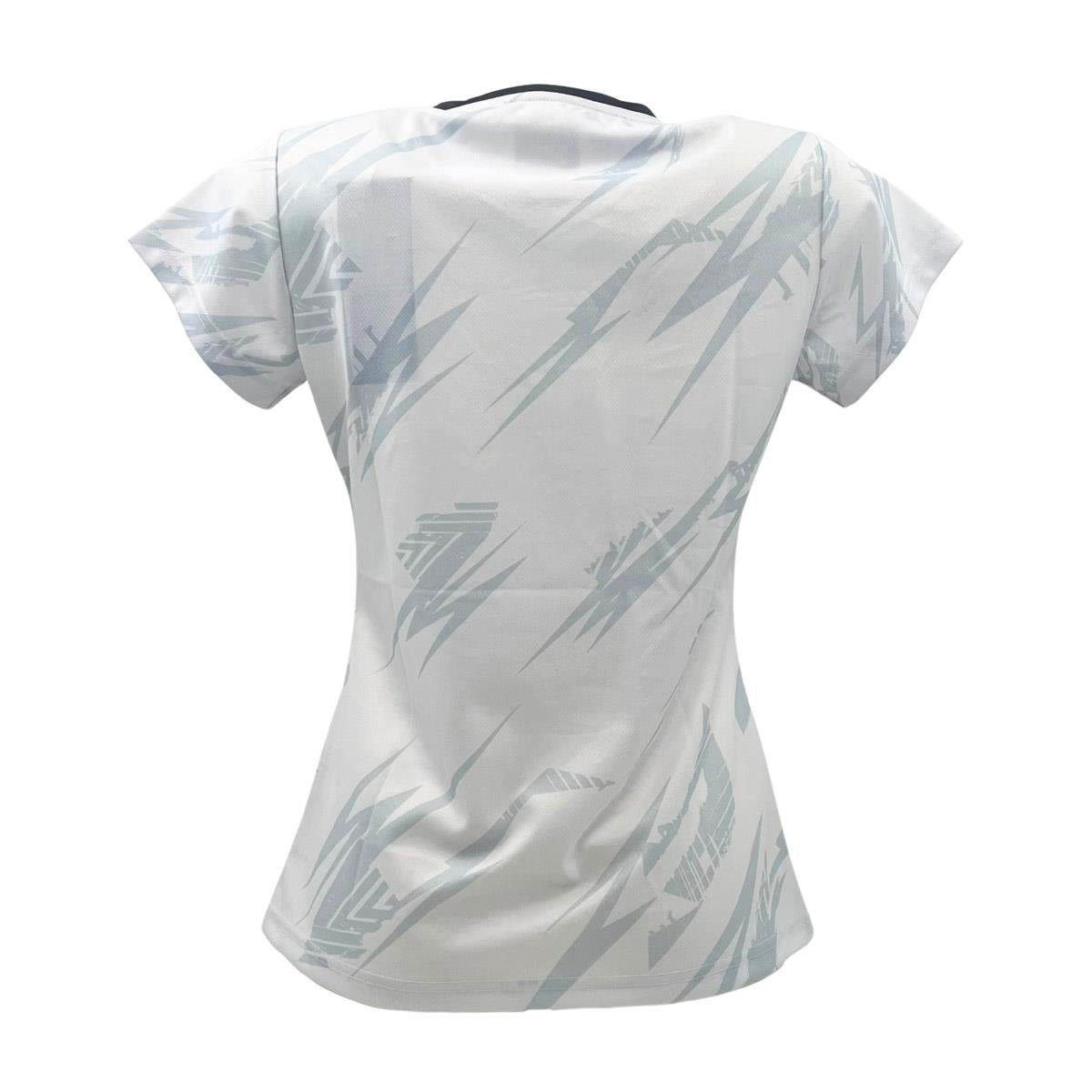 The Yonex YTL8 Women's Tennis T-Shirt, in white and charcoal, features a short-sleeve design with an abstract geometric pattern. Displayed from the back, it showcases a sleek fit made from moisture-wicking polyester for enhanced performance.