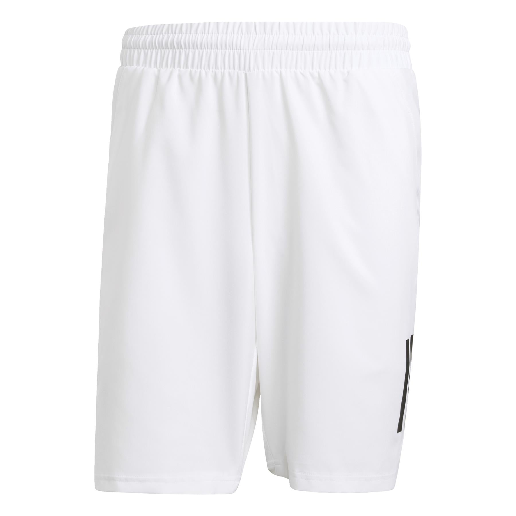 The ADIDAS Men's 3 Stripe Tennis Shorts in white by adidas feature a plain design with an elastic waistband and simple black accents on the lower right side. These shorts offer moisture-wicking technology and are showcased against a white background.