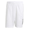 The ADIDAS Men's 3 Stripe Tennis Shorts in white by adidas feature a plain design with an elastic waistband and simple black accents on the lower right side. These shorts offer moisture-wicking technology and are showcased against a white background.