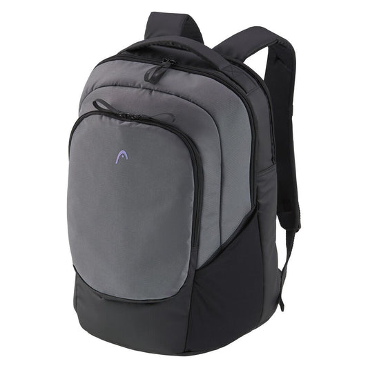 The HEAD Pro X Tennis Backpack 30L, in Black/Dark Grey, is ideal for eco-conscious tennis players. It boasts multiple compartments and zippers, a minimalist design with a subtle front logo, and padded shoulder straps for comfort.